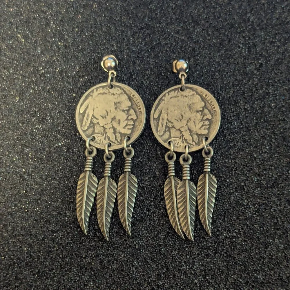 Native Inspired‎ Buffalo Nickle Feather Earrings Dangle Indian Head Pierced Boho